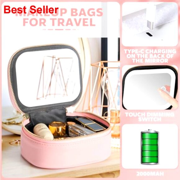 Mini LED Mirror Makeup Bag, Travel Size, Waterproof PU Leather, 3 Light Modes - Picture 4 of 6